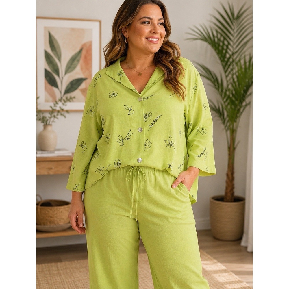 FRIDAZE 100% Linen Lime Green Floral Button Front Shirt Women's XL Top -3350